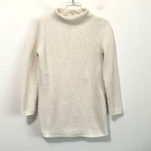 J Jill Chenille‎ Knit Sweater Mock Neck S Petite Cream Chunky Diamond 3/4 Sleeve